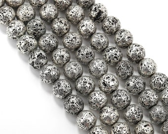 12mm or 14mm Beads Full 15.5 Inch Strand 6mm 4mm 8mm Platinum White Gold Plated Lava Rock Round Beads- Wholesale Bulk
