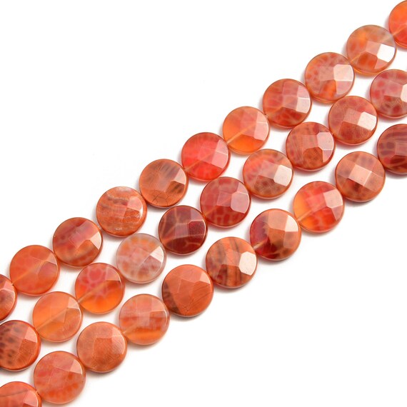 Burnt Orange Fire Agate Faceted Flat Round Coin Beads 10mm 12mm