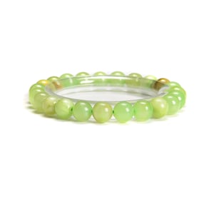 Green Flower Jade Smooth Round Elastic Bracelet Size 4.5mm 8mm 7.5'' Length