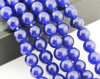 2.0mm Hole Blue Dyed Jade Smooth Round Beads 8mm 10mm 15.5" Strand