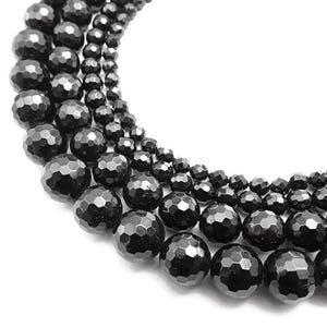 Black Tourmaline Faceted Round Beads 6mm 8mm 10mm 12mm 15.5&quot; Strand