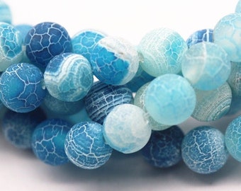 Light Blue Fire Agate Cracked Matte Round Beads 4mm -12mm 15.5" Strand