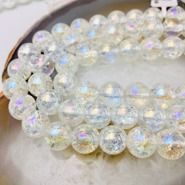 AB Coated Crackle Quartz Crystal Smooth Round Beads 6mm 8mm 10mm 15.5" Strand