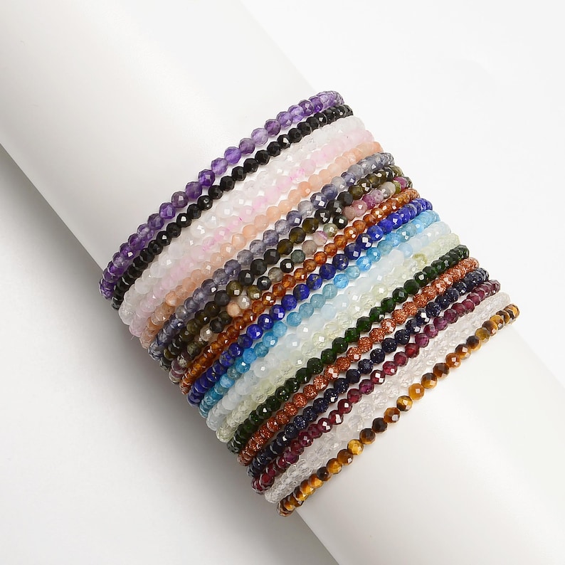 Natural Gemstone Faceted Round Beaded Elastic Bracelet 2mm 3mm 4mm 7.5'' Length image 1