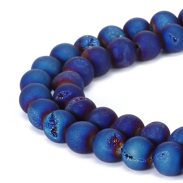 Blue Coated Druzy Agate Matte Round Beads 6mm 8mm 10mm 20mm 15.5" Strand