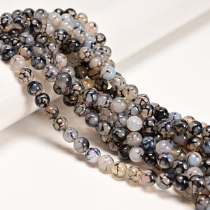 Ágata de vena de dragón blanca y negra, cuentas redondas lisas de 6 mm, 8 mm y 10 mm, tira de 15,5"