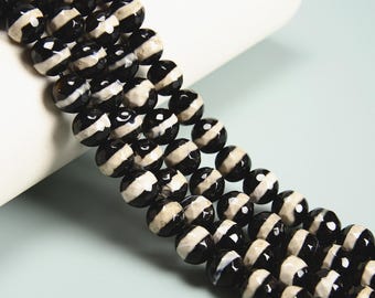 Black & White Stripe Tibetan Agate Faceted Round Beads 6mm to 12mm 15.5" Strd