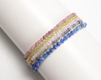 02-Natural Gemstone Faceted Round Beaded Elastic Bracelet 2mm 3mm 4mm 7.5'' Long