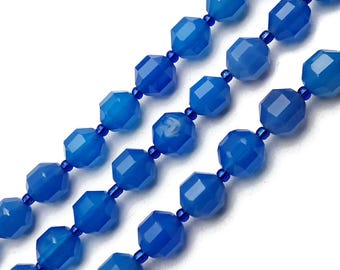 Blue Agate Prism Cut Double Point Faceted Round Beads 10mm 15.5'' Strand