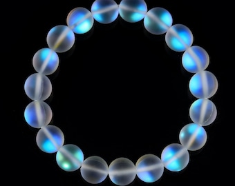 Clear Mystic Aura Crystal Glass Matte Bracelet Round Size 8mm 10mm 7.5" Length