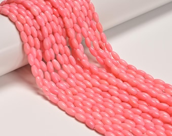 Cuentas ovaladas lisas de coral bambú rosa con forma de arroz, tamaño 4 x 8 mm, hebra de 15,5 pulgadas.