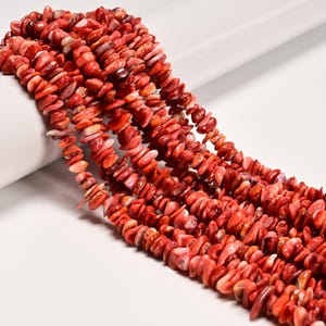 May include: Strands of vibrant red coral chip beads. The beads are a mix of shapes and sizes, with a natural, irregular texture. The coral has variations in color, ranging from deep red to lighter pink hues. The beads are strung together, ready for jewelry making.