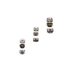 May include: A collection of silver-colored earring backs in various styles, including butterfly and bullet clutch designs. The earring backs are displayed against a white background, showcasing their different shapes and sizes.