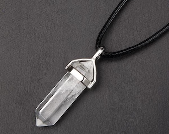 Clear Quartz Pendulum Pendant Healing Point 40x8mm Silver Leather Cord