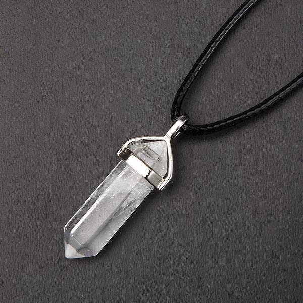 Clear Quartz Pendulum Pendant Healing Point 40x8mm Silver Leather Cord