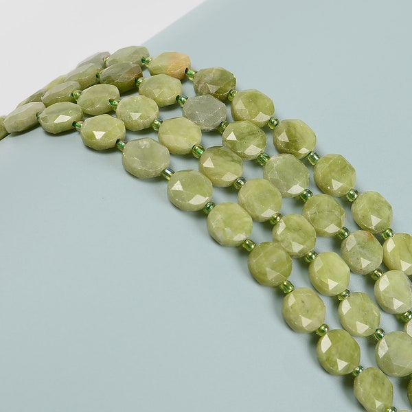 Natural Green Jade Hexagram Cutting Faceted Coin Beads Size 12mm 15.5'' Strand