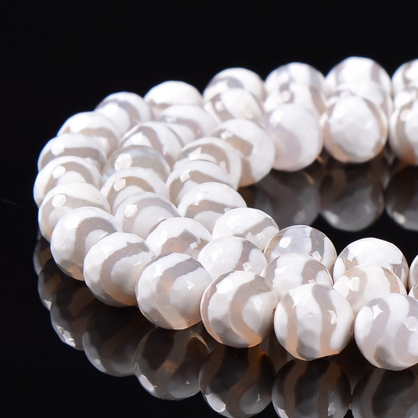 White Wavy Stripe Tibetan Agate Faceted Round Beads 6mm to 12mm 15.5" Strand