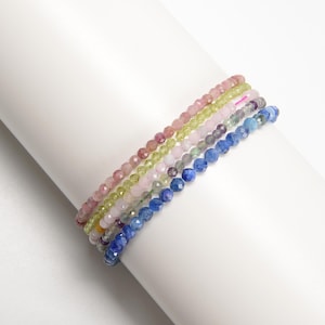 02-Natural Gemstone Faceted Round Beaded Elastic Bracelet 2mm 3mm 4mm 7.5'' Long