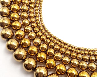 Gold Hematite Smooth Round Beads 2mm 3mm 4mm 6mm 8mm 10mm 12mm 15.5&quot; Strand