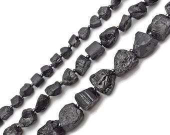 Black Tourmaline Rough Nugget Chunk Beads 10mm 15mm 18mm 15.5'' Strand
