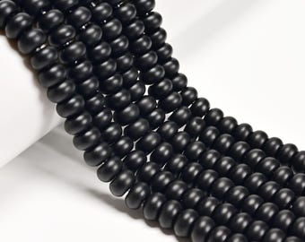2.0mm Hole Black Onyx Matte Rondelle Beads 5x8mm 6x10mm 8" Strand