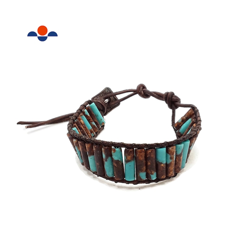 Bronzite Turquoise Stone Round Tube Leather Wrap Bracelet