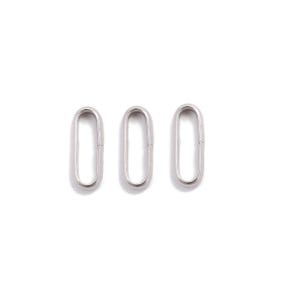 May include: Three silver-colored oval-shaped metal links are arranged horizontally against a white background. Each link has a smooth, polished surface and a hollow center. The links are evenly spaced.