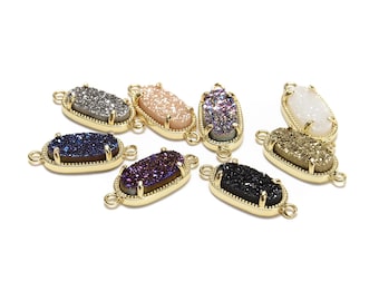8 Colors Druzy Agate Crystal Gold Edge Oval Connector Pendant Charm Size 9x16mm