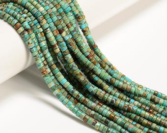 May include: Strands of turquoise-colored, square-shaped beads. The beads have a mix of blue-green hues with brown and tan accents. The beads are strung together, creating a flowing, textured appearance. Ideal for jewelry making.