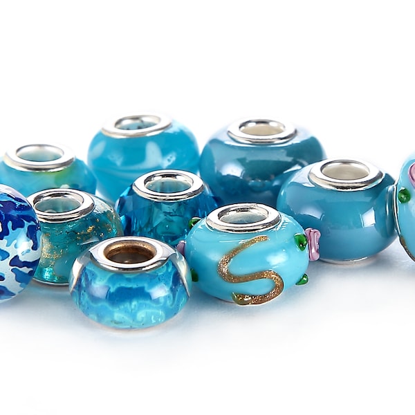 Mix Silver Plate Aquamarine Theme Murano Lampwork European Glass Crystal Beads