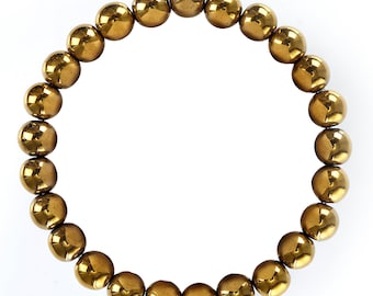 Gold Hematite Bracelet Smooth Round Size 10mm 8mm 7.5" Length