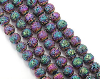 Rainbow Coated Lava Rock Stone Beads 6mm 8mm 10mm 15.5" Strand