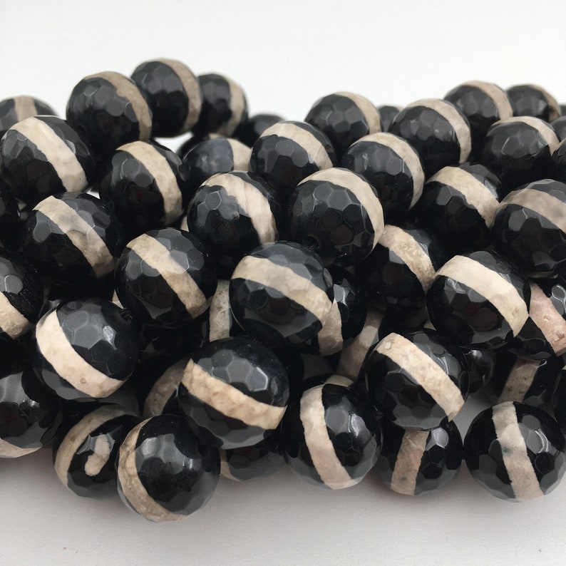 Black /& White Stripe Tibetan Agate Faceted Round Beads 8mm 10mm 12mm 15.5 Strnd