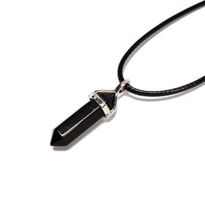 Black Obsidian Pendulum Pendant Healing Point 40x8mm Silver Leather Cord