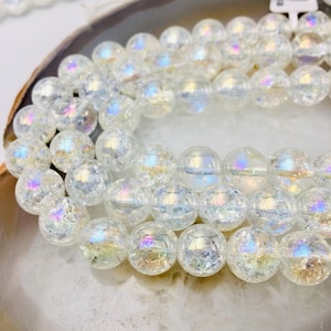 AB Coated Crackle Quartz Crystal Smooth Round Beads 6mm 8mm 10mm 15.5" Strand