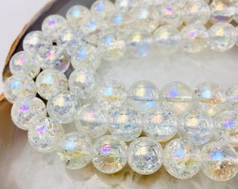 AB Coated Crackle Quartz Crystal Smooth Round Beads 6mm 8mm 10mm 15.5" Strand