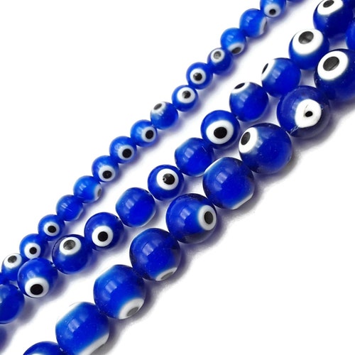 Sapphire Blue Evil Eye Glass Beads - 6mm Round Plate Design, 65 Beads Per String