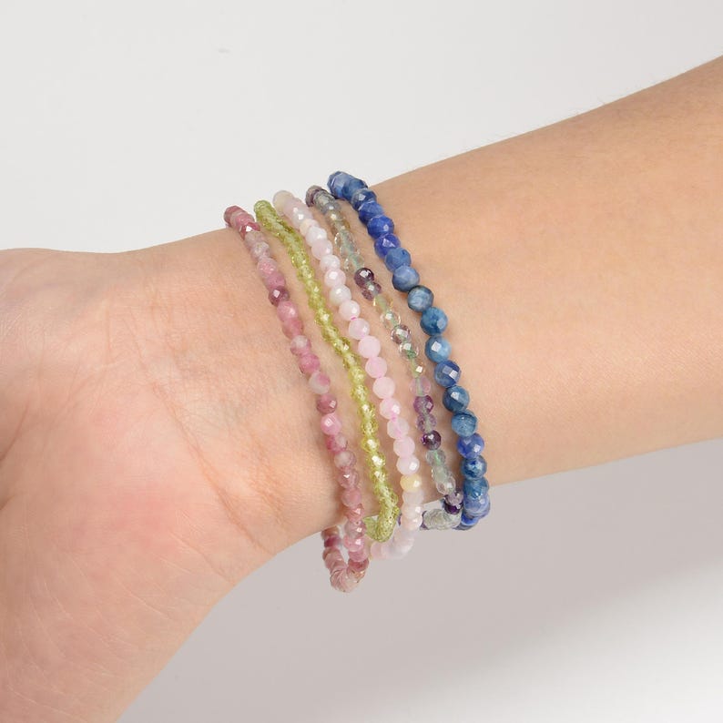 02-Natural Gemstone Faceted Round Beaded Elastic Bracelet 2mm 3mm 4mm 7.5'' Long image 2