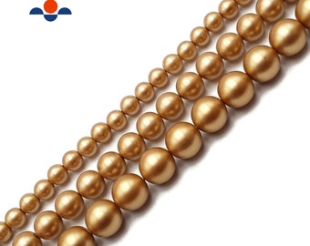 Gold Shell Pearl Matte Round Beads 6mm 8mm 10mm 15.5" Strand