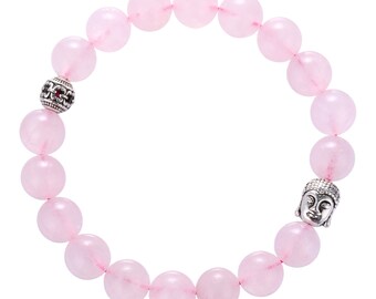 Rose Quartz Bracelet 10mm Smooth Round Elastic Cord w/Anti-silver Alloy Buddha Head 7.5" Long. B-QUA-0135