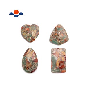 May include: Four gemstone pendants in various shapes: heart, triangle, teardrop, and rectangle. The pendants feature a mix of green, brown, and orange colors with a speckled pattern. Each pendant has a small hole for stringing.