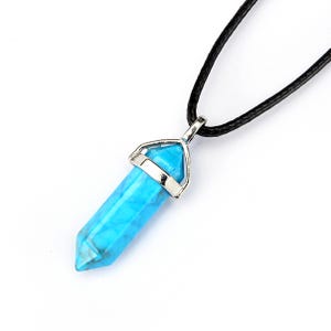 Blue Turquoise Pendulum Pendant Healing Point 40x8mm Silver Leather Cord