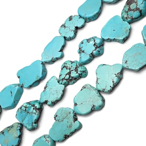 May include: A strand of turquoise gemstone beads, each bead is a unique, irregular shape with a light blue color and dark brown veining.