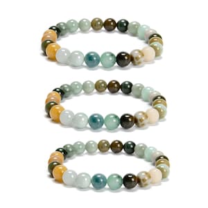 Natural Multi-Color Jade Smooth Round Beaded Bracelet 8mm 7.5&#39;&#39; Length 3 PCS/Set