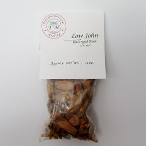 May include: A small white bag with a label that reads "Low John Galangal Root c/s, w/c Approx. Net Wt. - 5 oz."