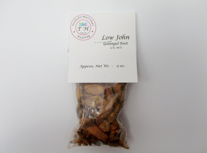 May include: A small white bag with a label that reads "Low John Galangal Root c/s, w/c Approx. Net Wt. - 5 oz."