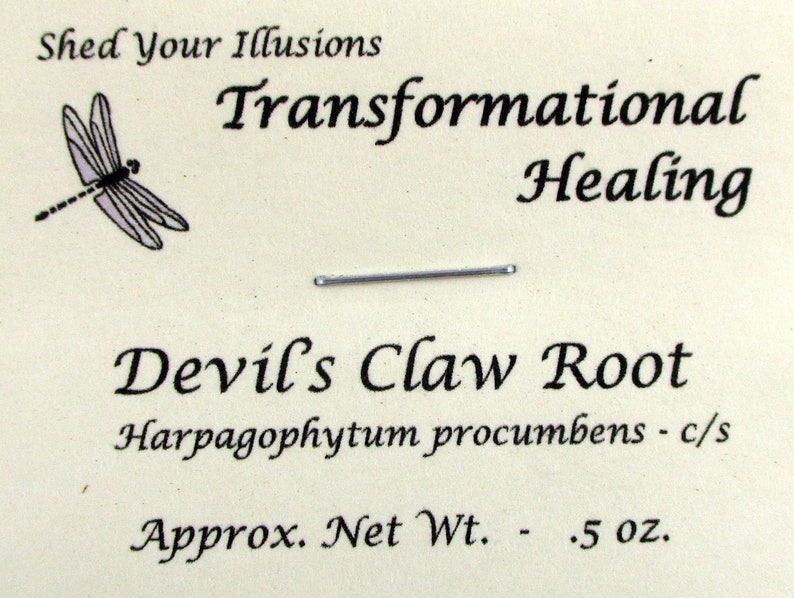 May include: A small bag of Devil's Claw Root, Harpagophytum procumbens, with a dragonfly illustration and the text "Shed Your Illusions Transformational Healing" on a white background. The bag contains 0.5 ounces of the herb.
