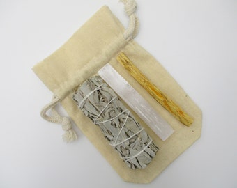 White Sage Smudge Stick, Palo Santo Holy Wood & Selenite Crystal Kit - Protection, Centering, Clearing - Dee's Transformational Healing