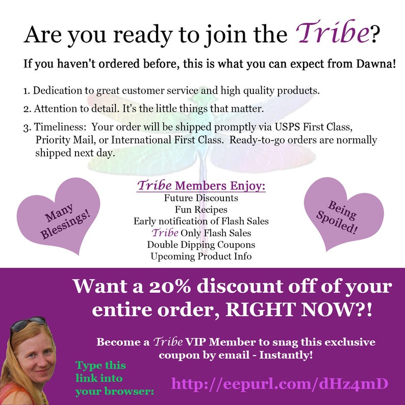 Op de afbeelding: Een roze en paarse afbeelding met de tekst "Ben je klaar om je bij de Tribe aan te sluiten?" en "Wil je 20% korting op je hele bestelling, NU ?!" Word Tribe VIP-lid om deze exclusieve kortingsbon per e-mail te ontvangen - Direct!  http://eepurl.com/dHz4mD