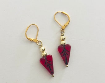 Red Czech Heart Earrings with Gold Plated Beads